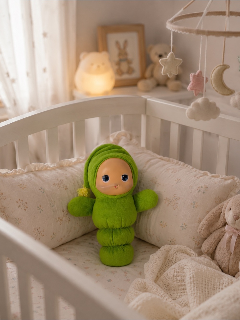 Cute 2009 Playskool / Hasbro Gloworm plush doll in bright green.